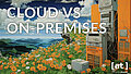 Cloud vs. On-Premises, ein alter Tower-PC in einer weiten, steilen Landschaft mit vielen Blumen und einem wolkigen Himmel